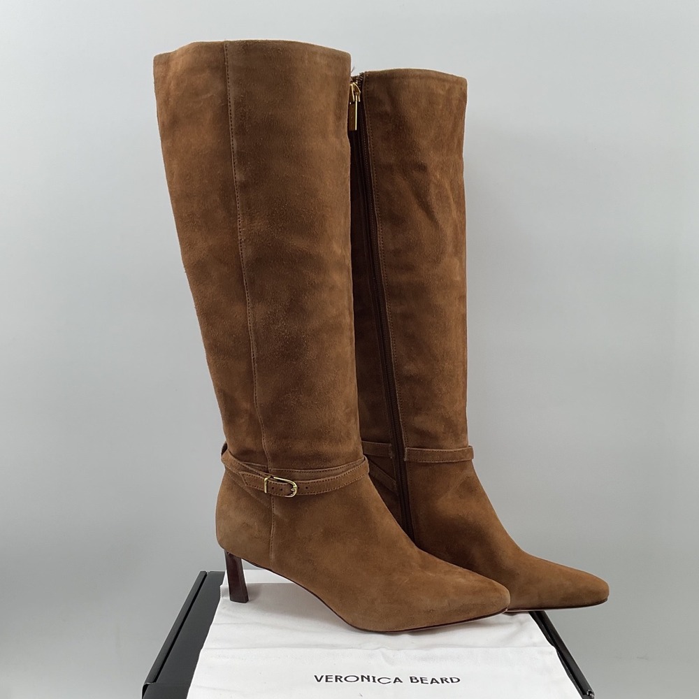 Veronica Beard Brown Suede Wide Calf Tall Kitten Heel Boots Size 6M